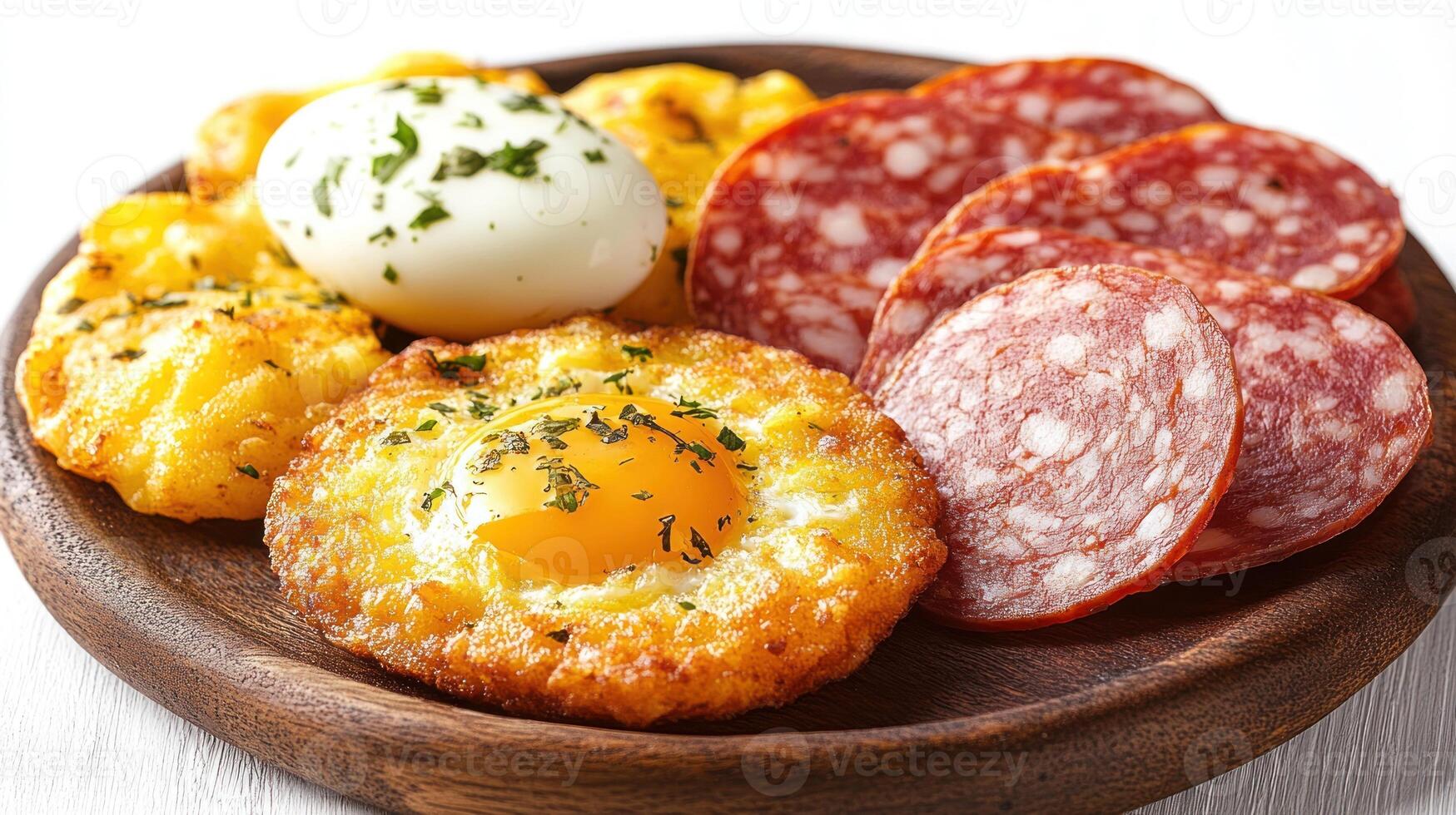 Fried Egg, Salami, and Potato Pancakes on a Wooden Plate photo