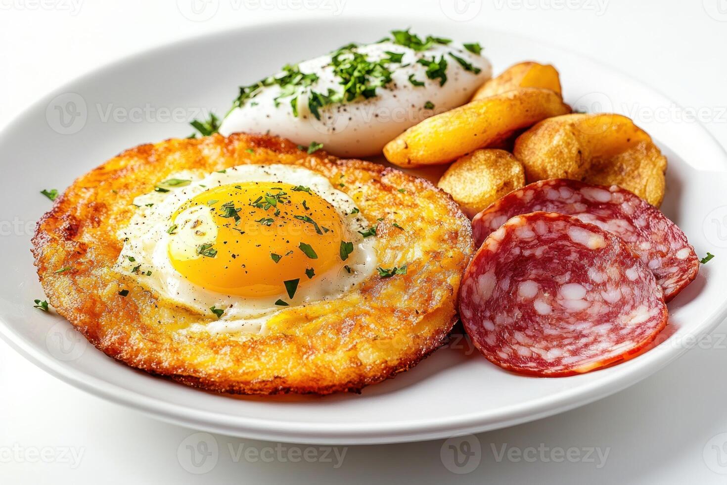 Fried Potato Pancake with Egg, Salami, and Poached Egg photo
