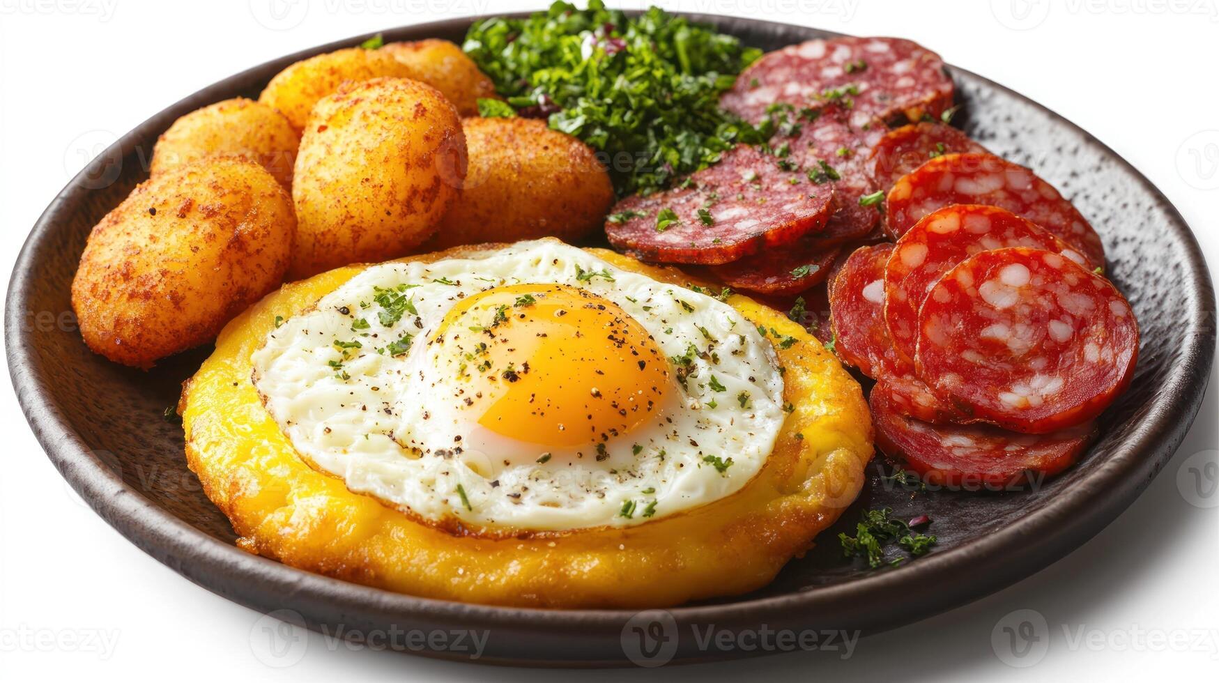 Fried Egg with Salami, Potato Croquettes, and Greens on a Plate photo
