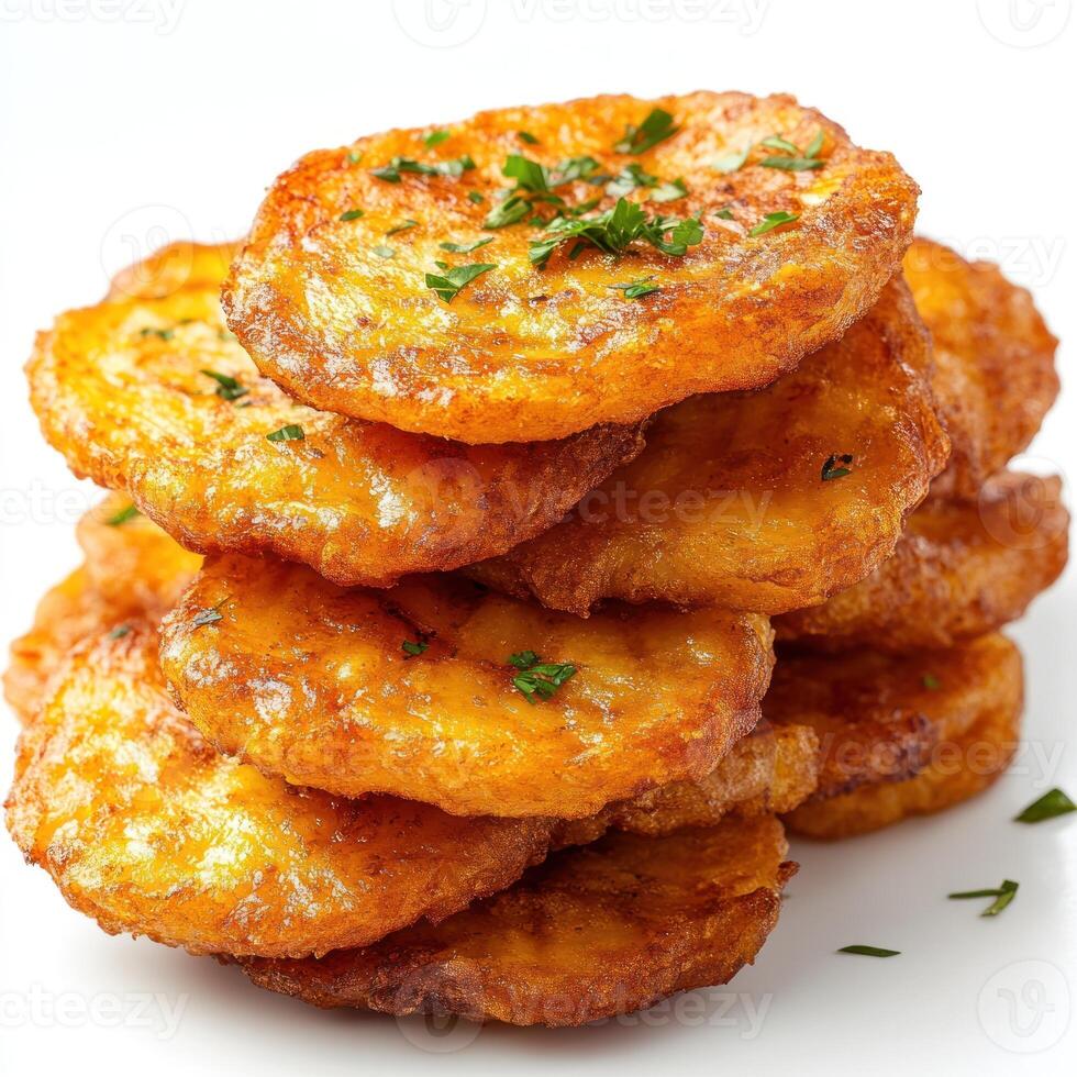 Stack of Crispy Fried Potato Pancakes with Parsley Garnish photo