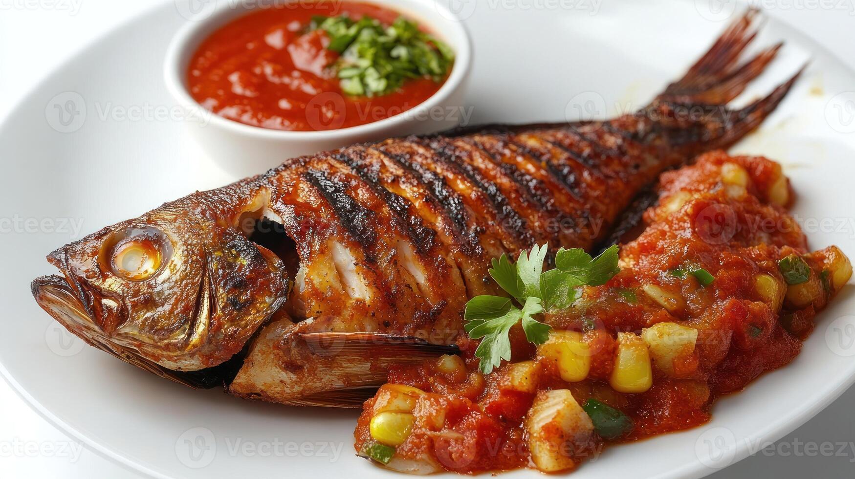 Grilled Fish with Tomato Salsa and Parsley Garnish on a White Plate photo