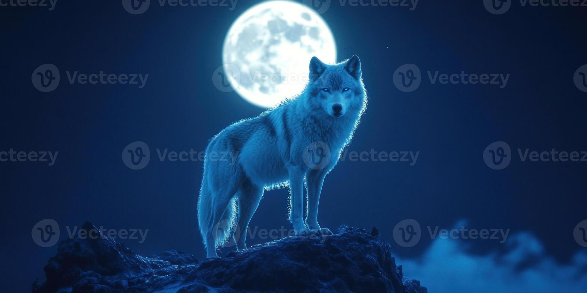 A Lone White Wolf Standing on a Rocky Outcrop Under a Full Moon photo