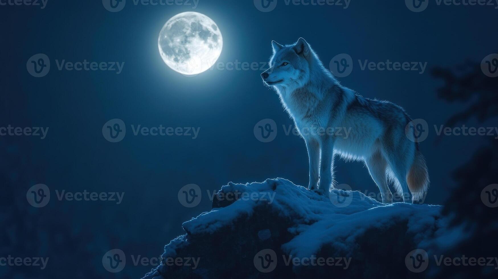 A Lone Wolf Howling at the Full Moon on a Snowy Mountaintop photo