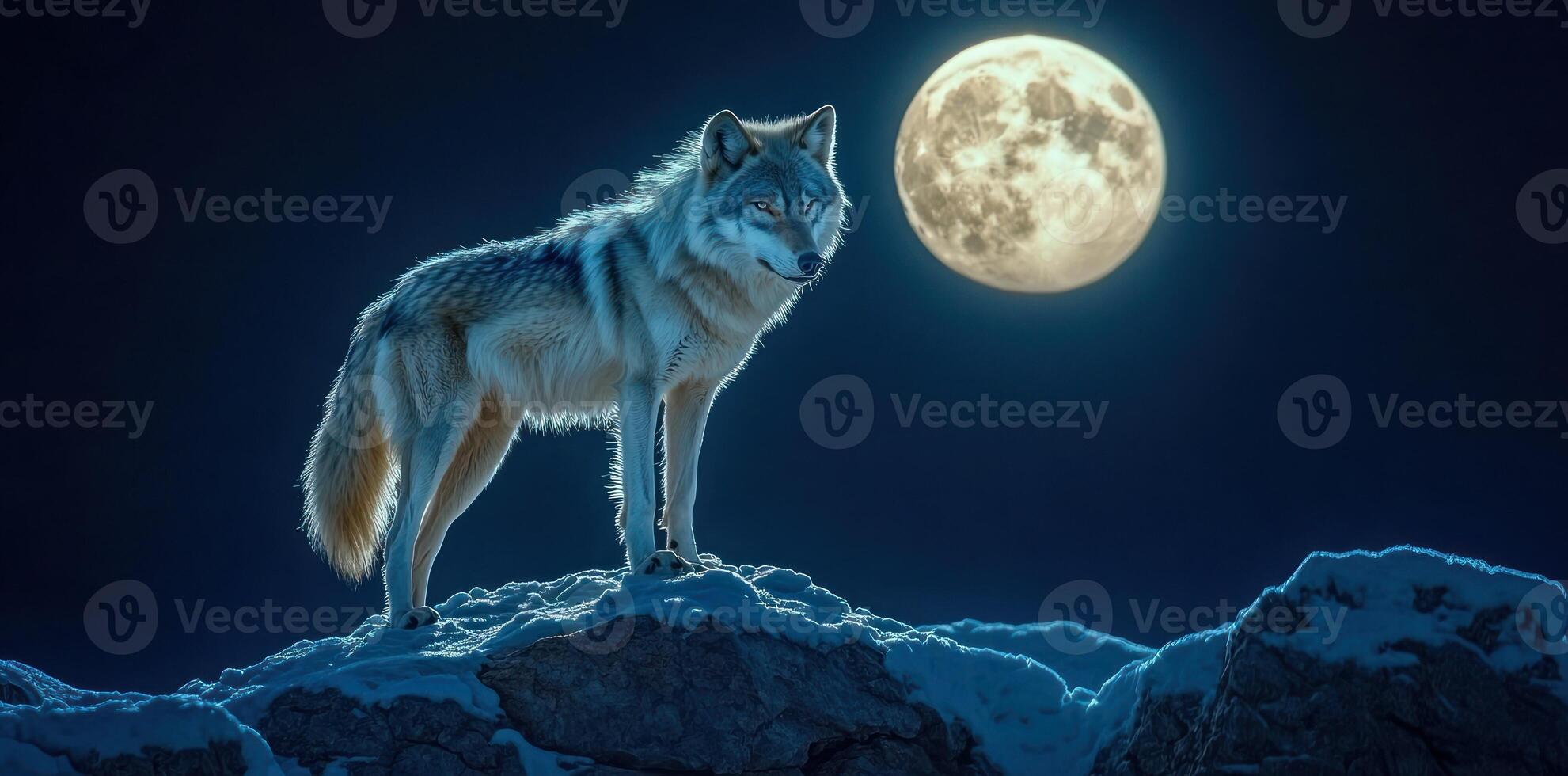A Lone Wolf Stands on a Snowy Mountain Under a Full Moon photo