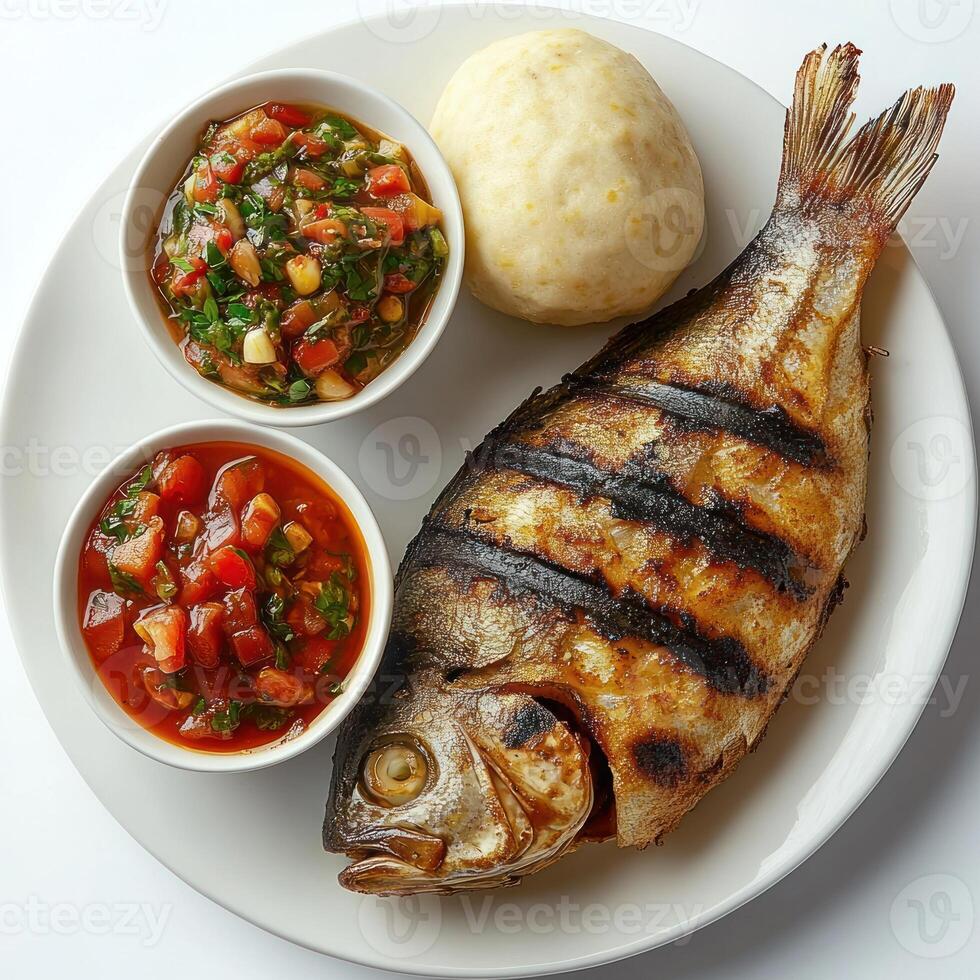 Grilled Fish, Tomato Salsa, and Fufu on a White Plate photo