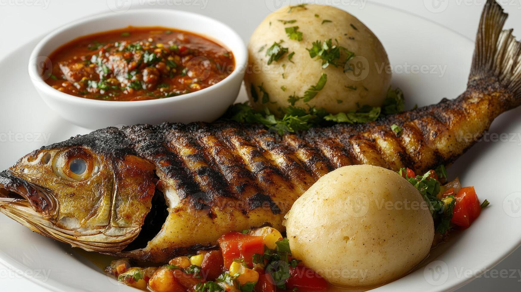 Grilled Fish with Potato Dumplings and Spicy Tomato Sauce photo