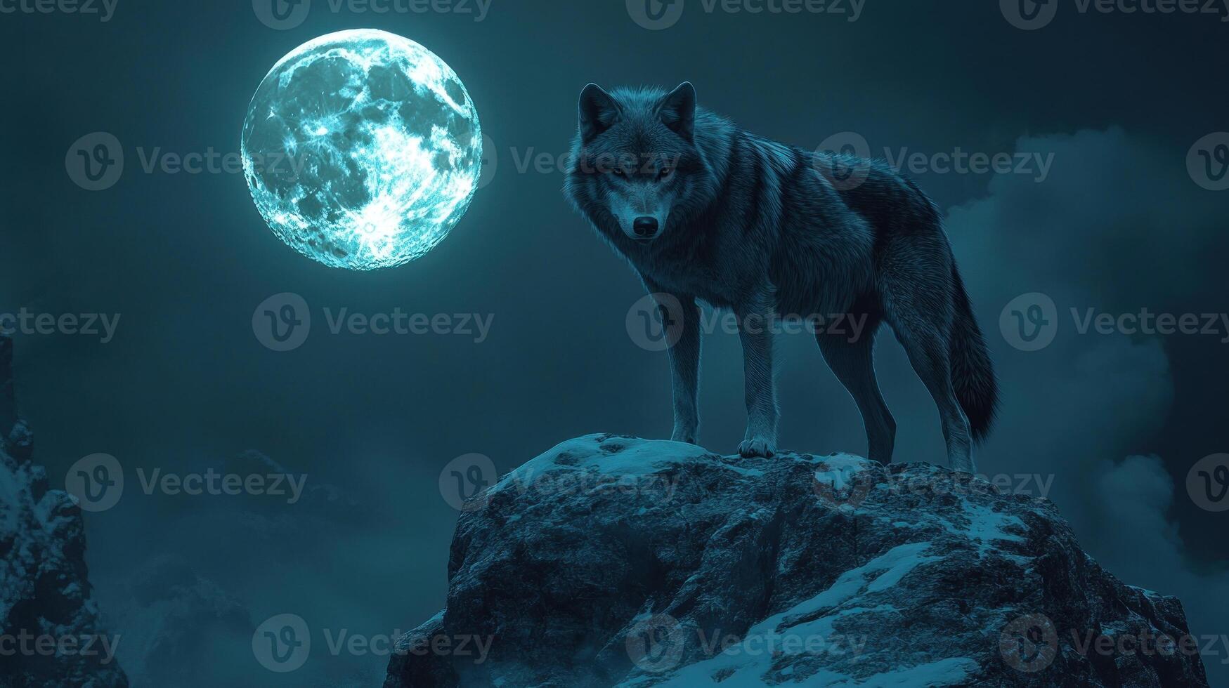 A lone wolf stands on a snowy mountain peak under a glowing moon photo