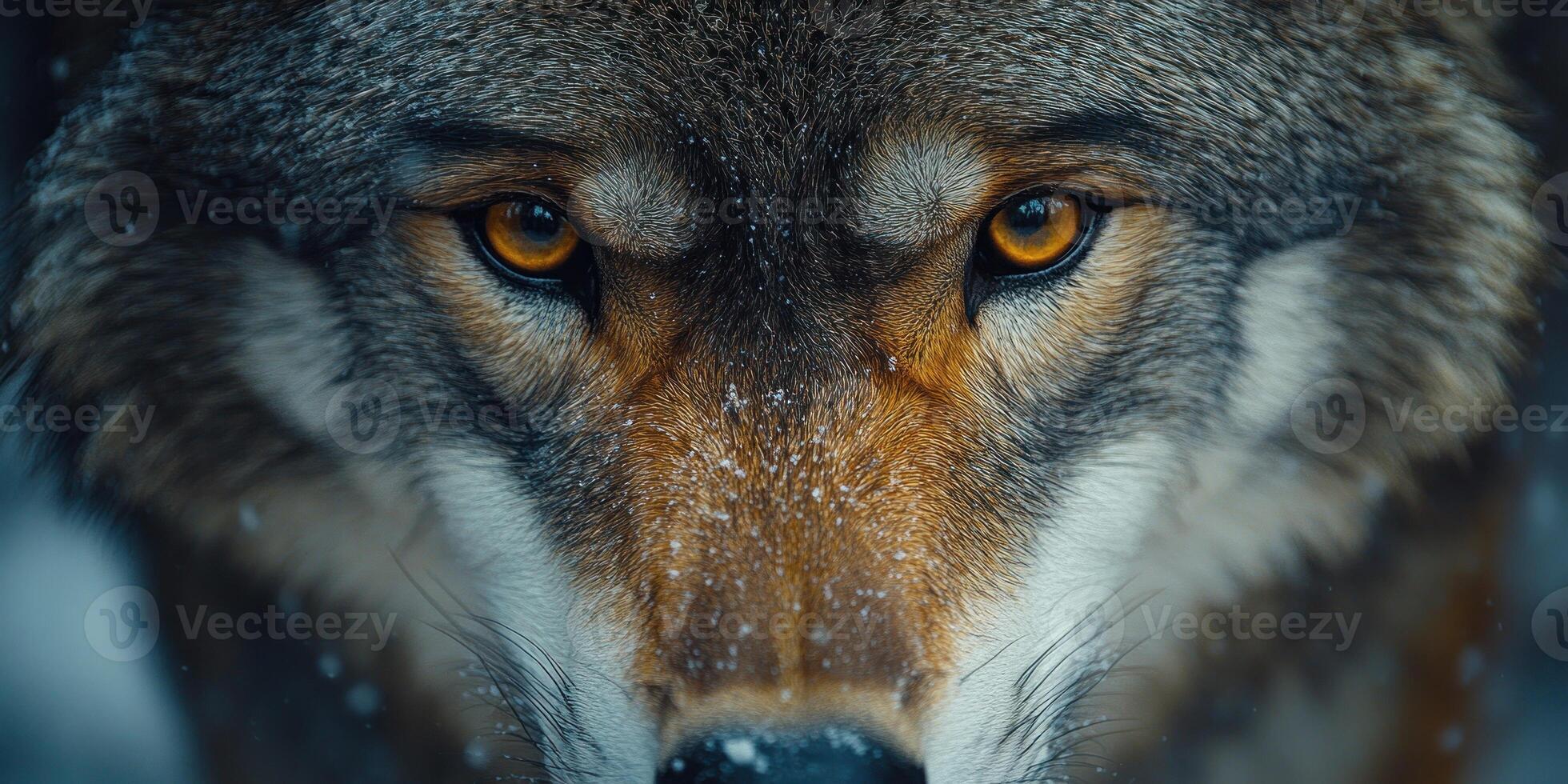 Close-up of a wolf's face with intense golden eyes photo