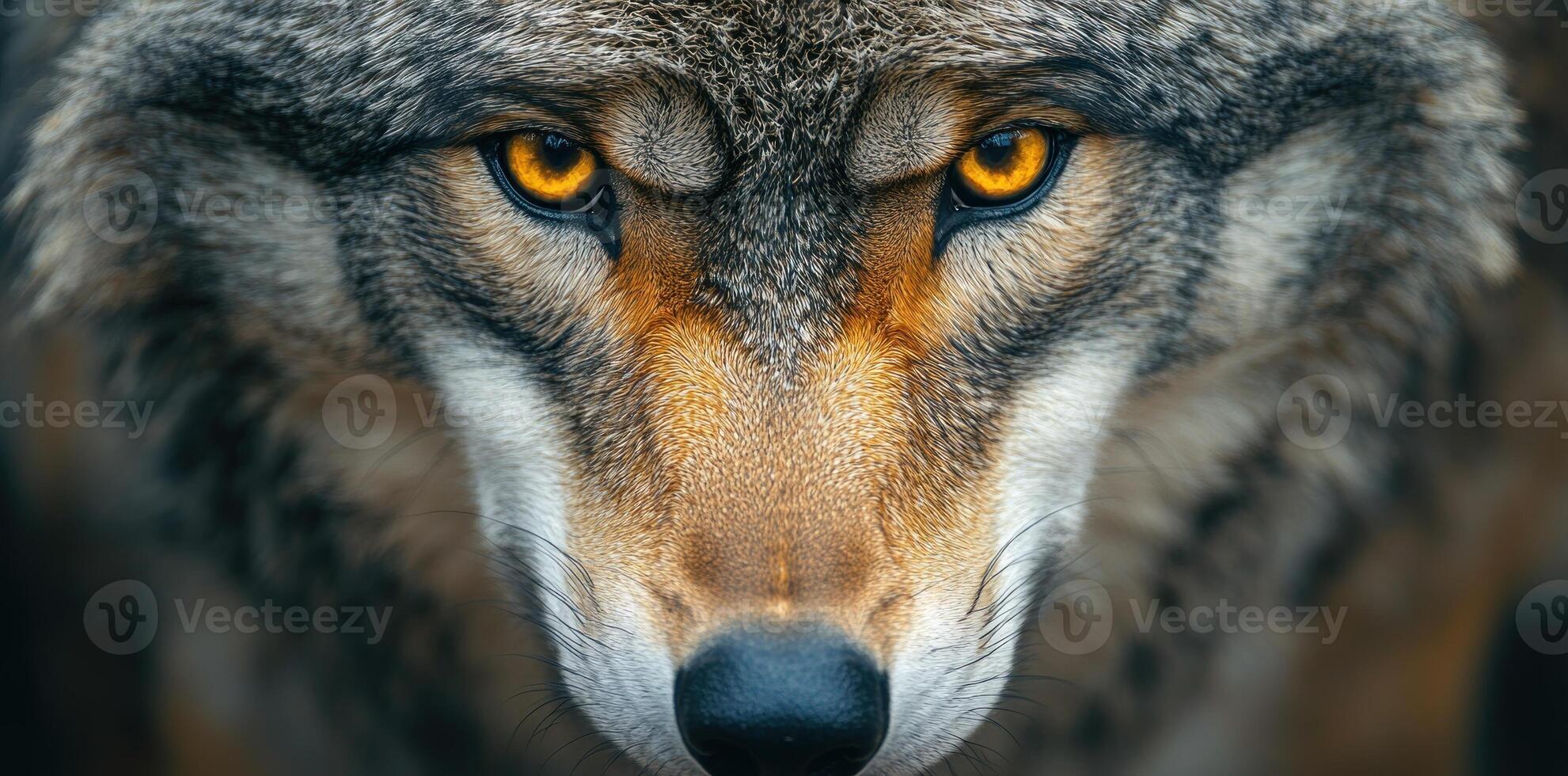 Close-up of a Wolf's Face with Intense Golden Eyes photo