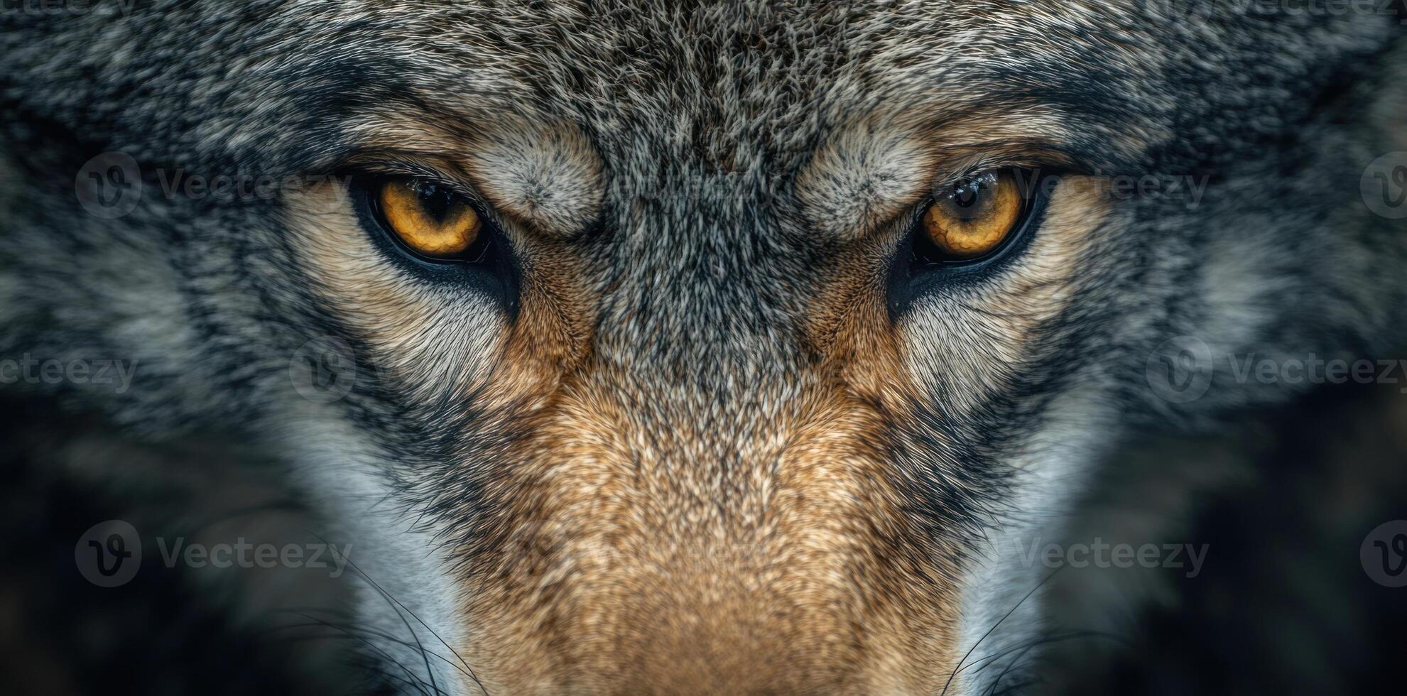 Close-up of a Wolf's Intense Gaze with Yellow Eyes photo