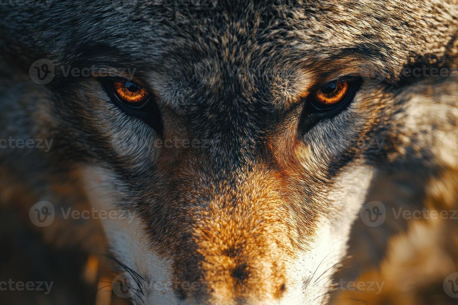 A Close-Up View of a Wolf's Face with Intense Golden Eyes photo
