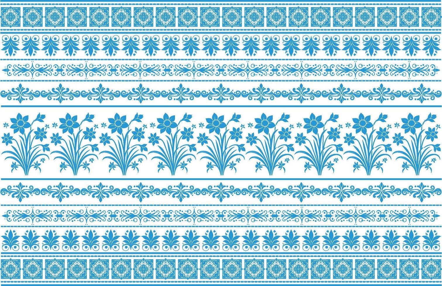 Damask Floral Border Seamless Pattern with Botanical Tulips and Ornate Ikat Design for Vintage Indian Fabric and Indonesian Batik Fashion Textiles vector