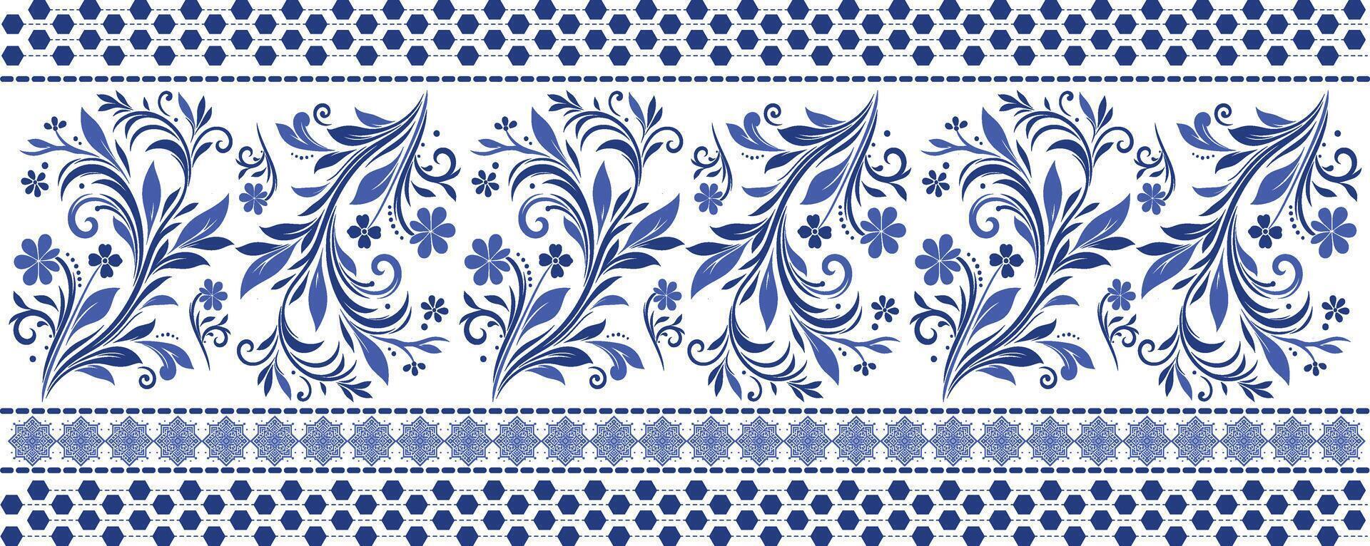 Blue Floral Pattern with Ornamental Border for Wedding Cards, Fashion Textiles, Ceramic, and Wallpaper Featuring Vintage Blue Blossoms and Classic Design Elements vector