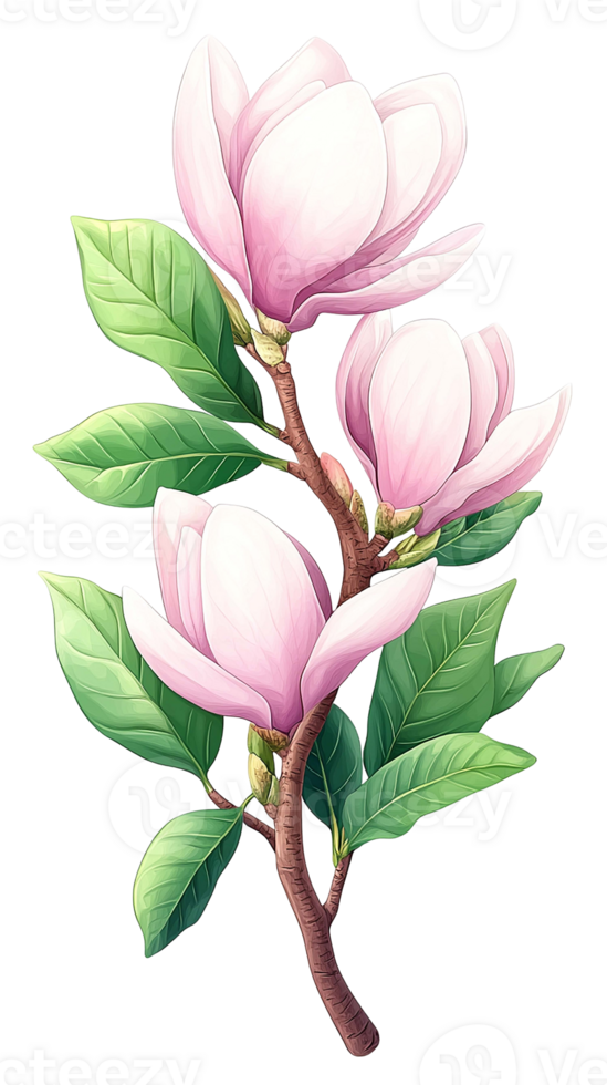 Beautiful pink magnolia flower branch with lush green leaves isolated on transparent background. png