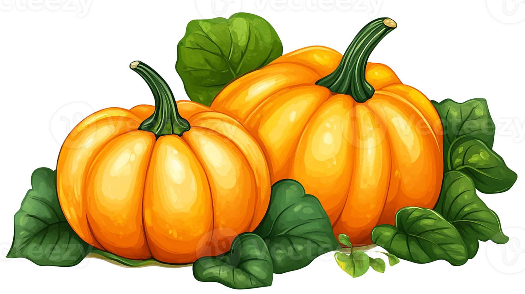 Vibrant illustration of two pumpkins surrounded by green leaves, perfect for autumn and harvest-themed designs. isolated on transparent background. png