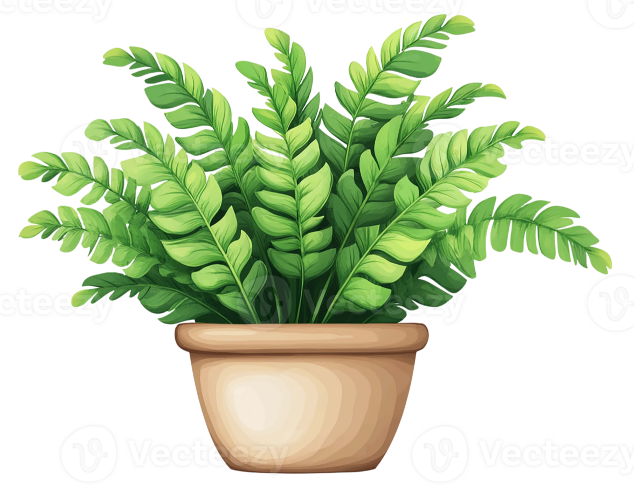 A lush green fern in a ceramic pot isolated on transparent background. png