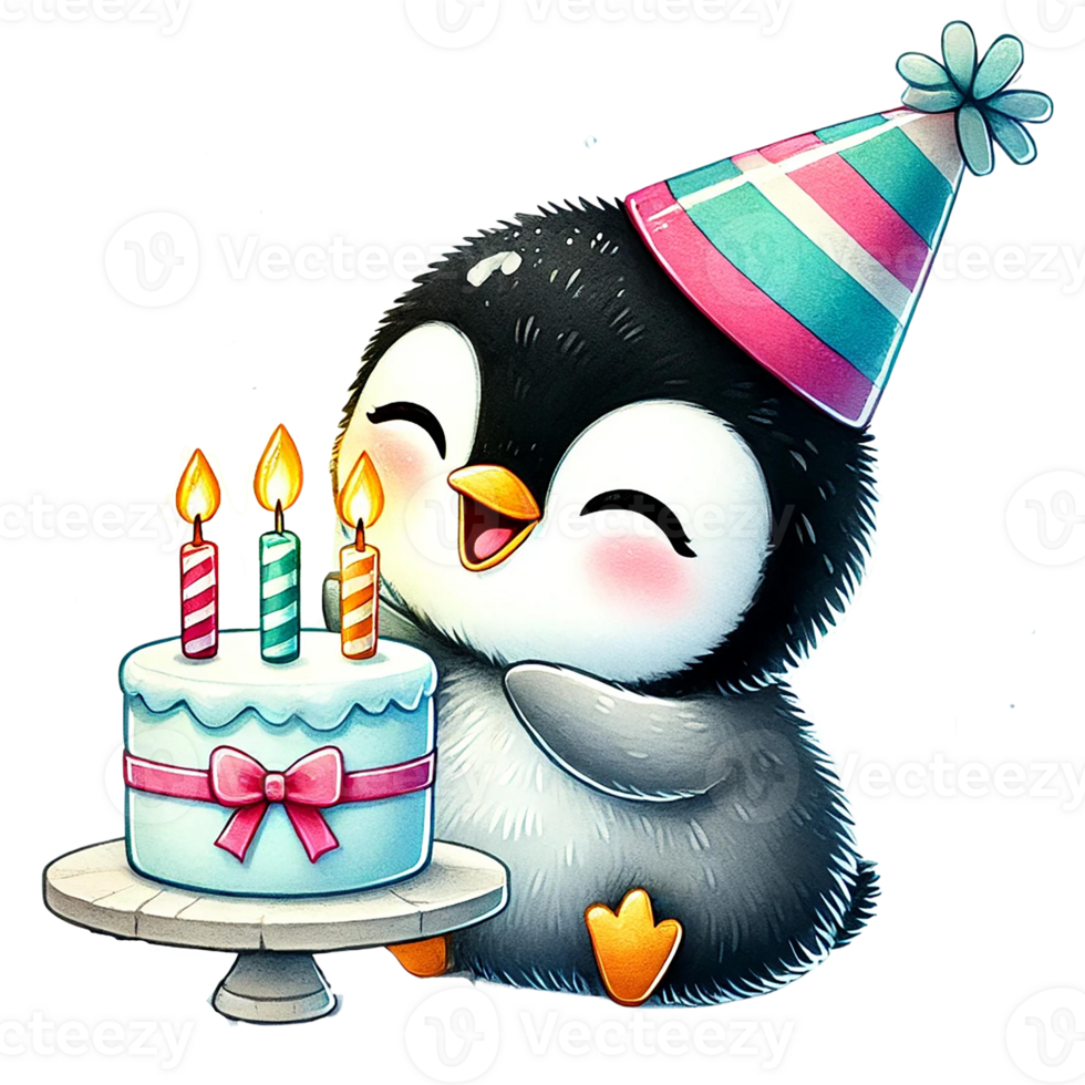 A joyful penguin celebrates a birthday with a cute cake and colorful candles, perfect for festive and cheerful designs. png