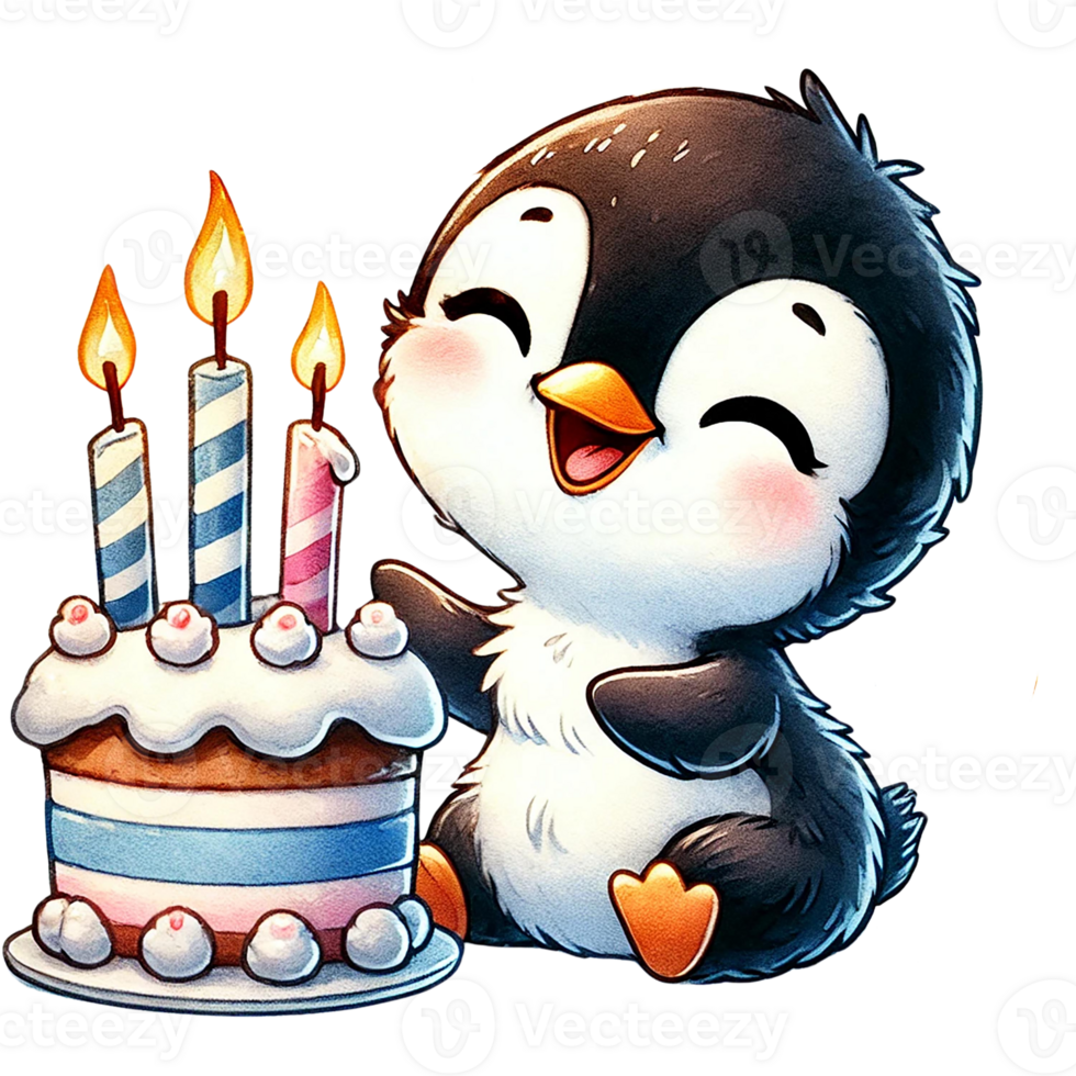 A joyful penguin celebrating with a birthday cake and candles, perfect for party themes and cute illustrations. png
