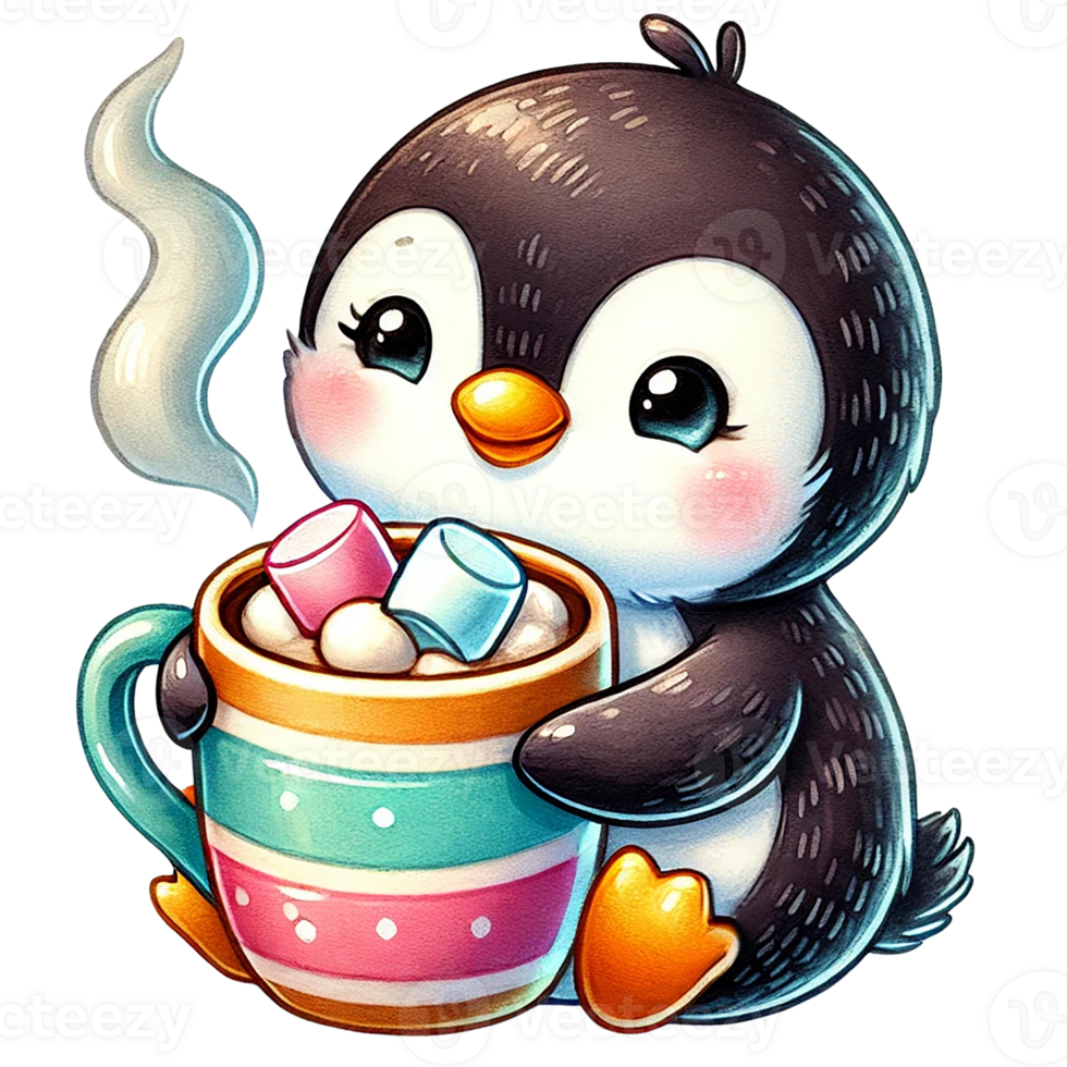 Cute penguin holding a colorful mug filled with marshmallows, perfect for winter illustrations and cozy designs. png