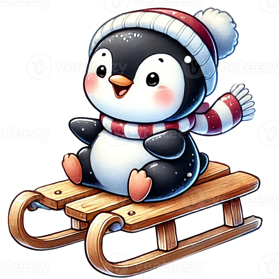 A cute cartoon penguin sliding down a snowy hill on a wooden sled, wearing a cozy scarf and cheerful expression. png