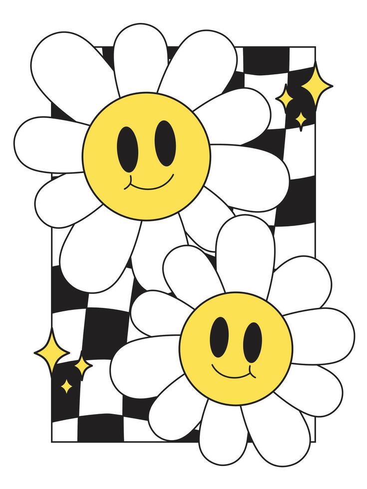 Groovy Smiley Flowers Retro Design with Checkerboard Background vector