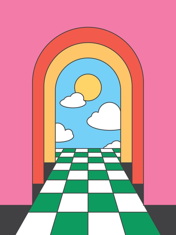 Retro Design Room to Sky Aesthetic Illustration background, checkerboard floor with colorful and fun style. vector