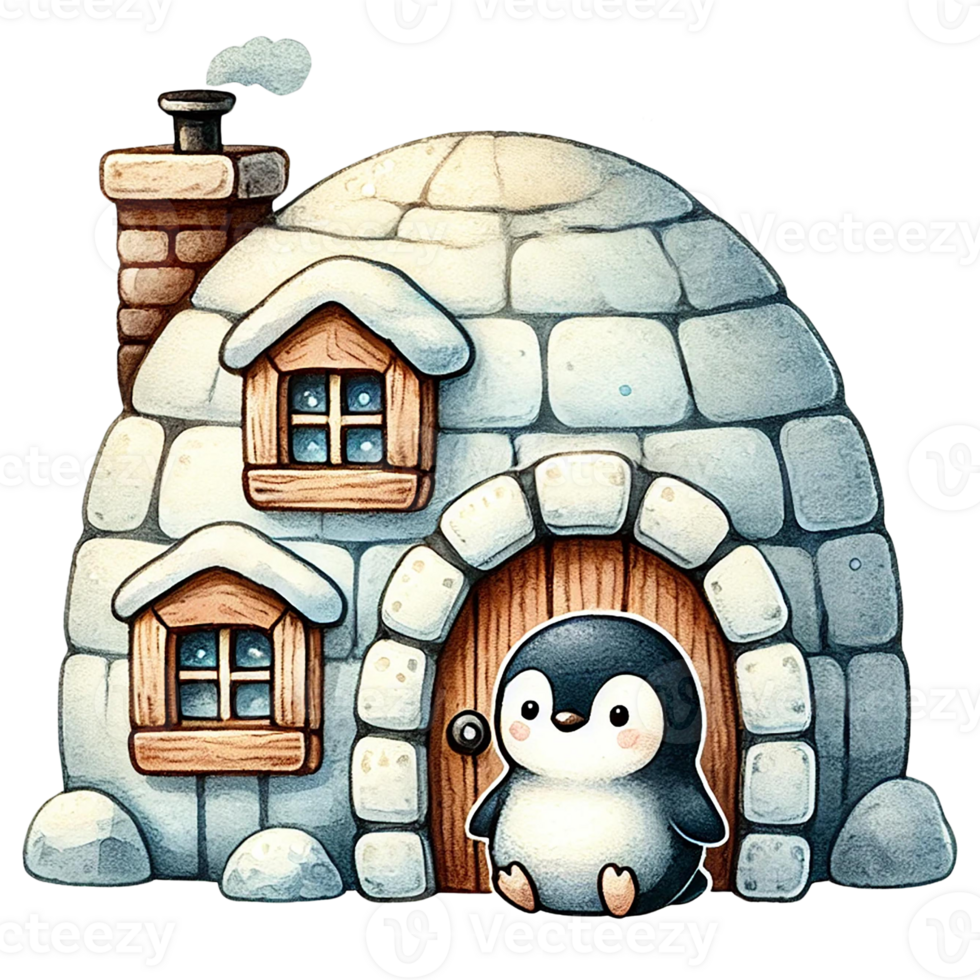 A cute penguin stands outside a cozy igloo, showcasing a charming winter scene with frosty details and a whimsical touch. png