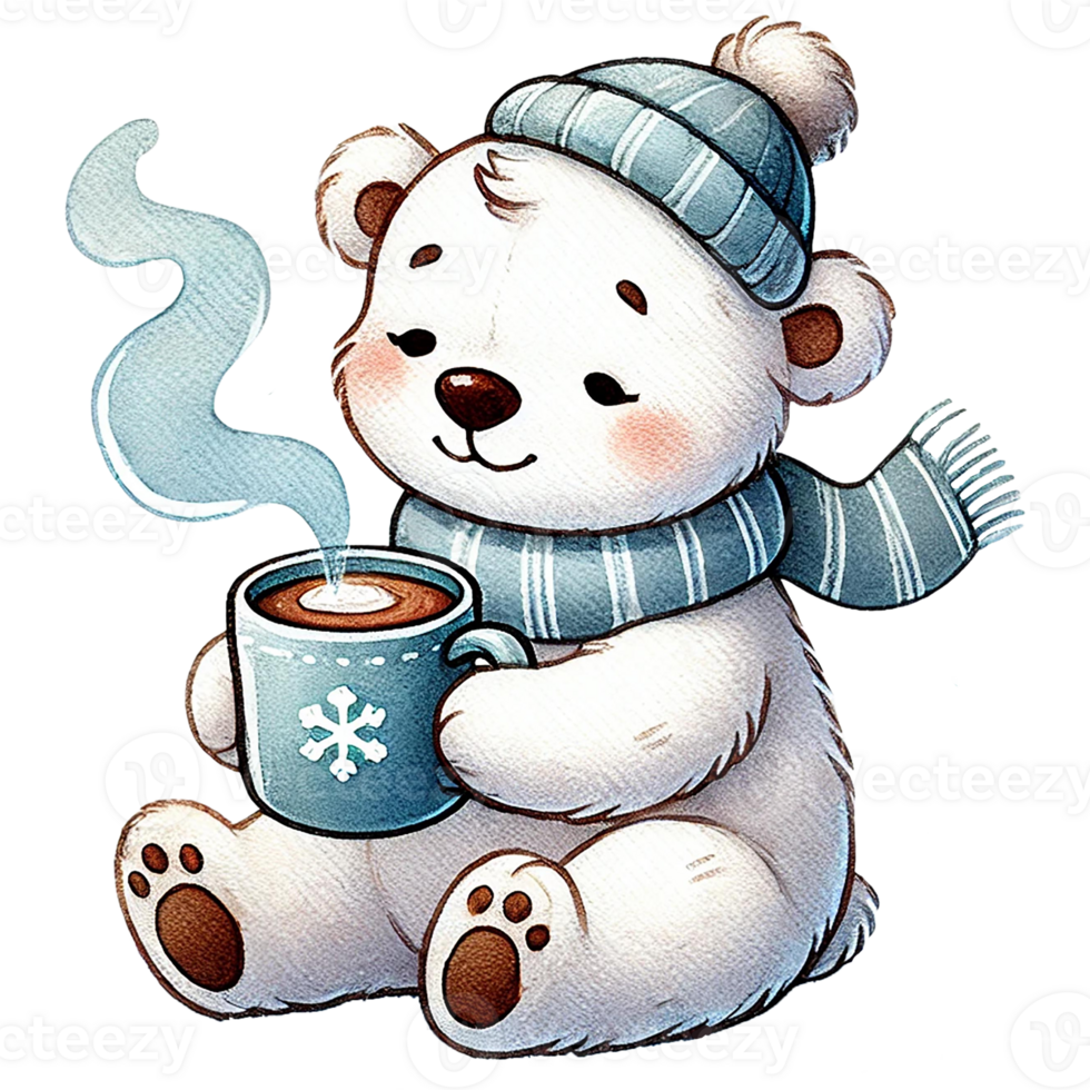 Charming polar bear enjoying a warm drink in winter attire, perfect for festive and cozy themes. png