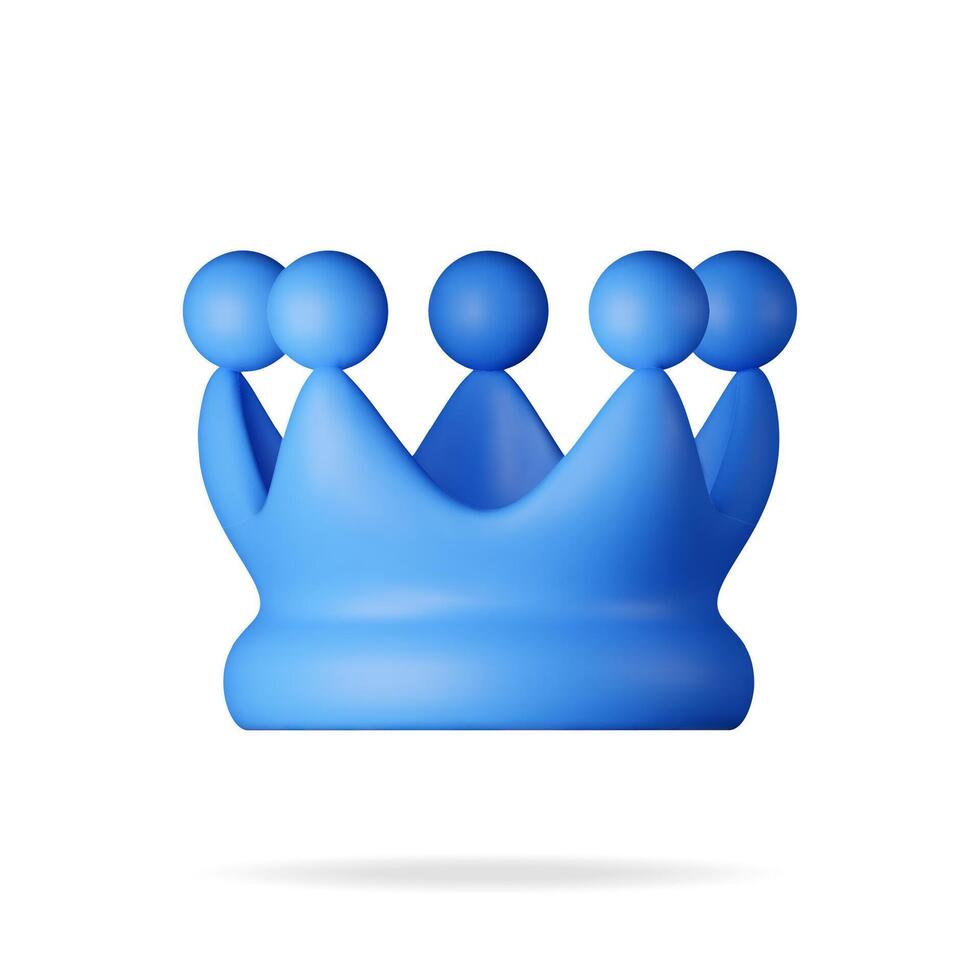3D blue crown icon isolated on white. Render plastic crown emoji symbol vector