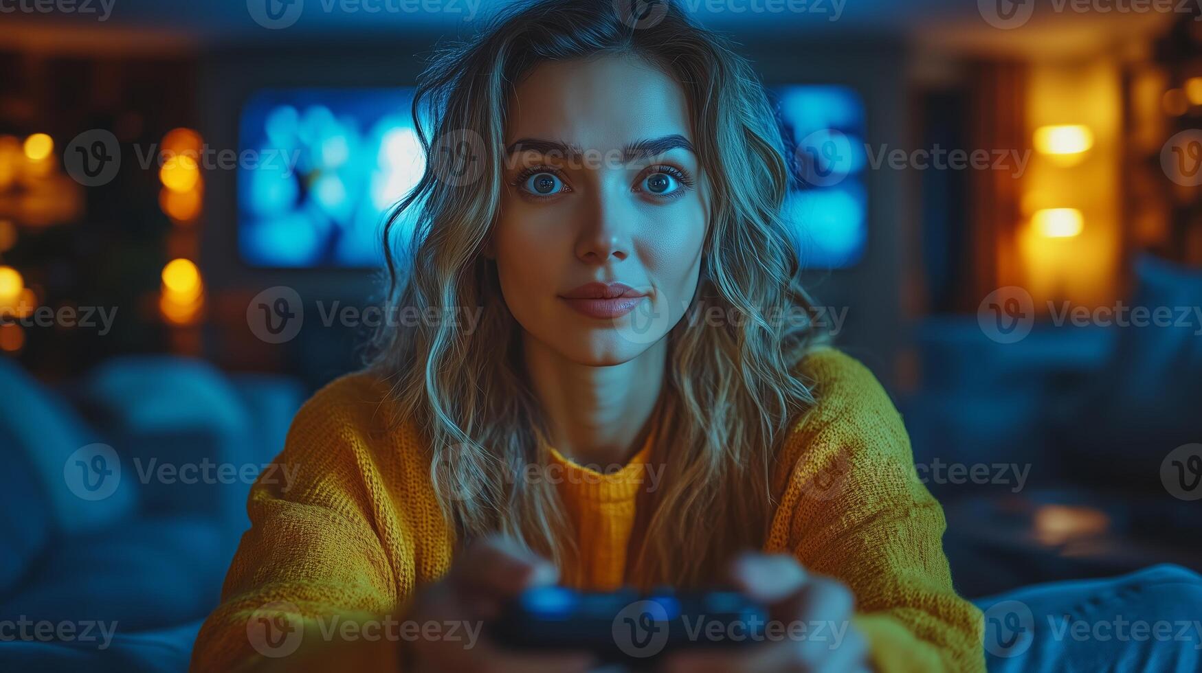 A woman with wavy hair plays games in a cozy, dimly lit living room during the evening, focused on her screen photo