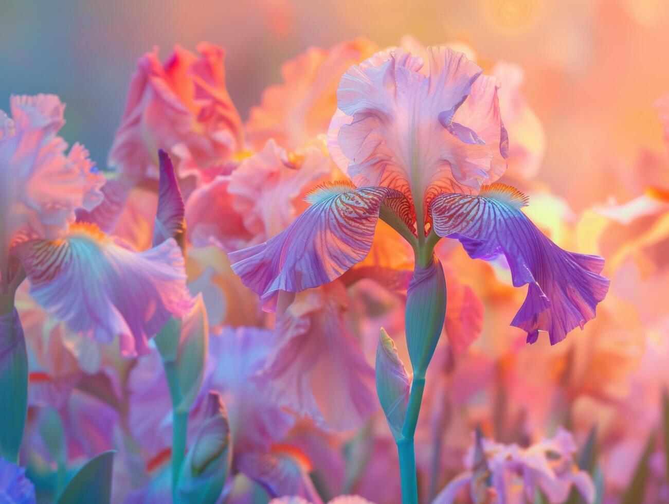 A vibrant display of iris flowers with delicate petals in shades of pink, purple, and orange, set against a blurred, colorful background photo