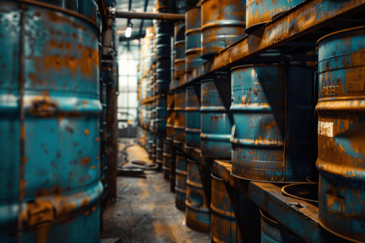Rows of stacked oil barrels in an industrial warehouse photo