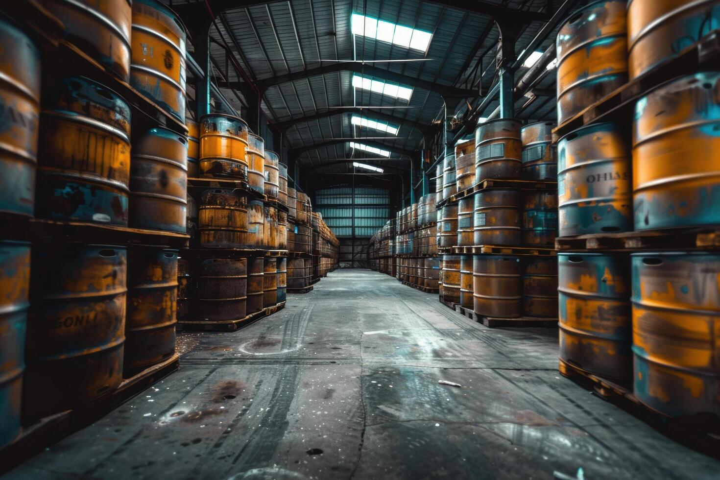 Oil barrels stacked in a warehouse, organized neatly in rows under a high ceiling with skylights providing natural illumination photo