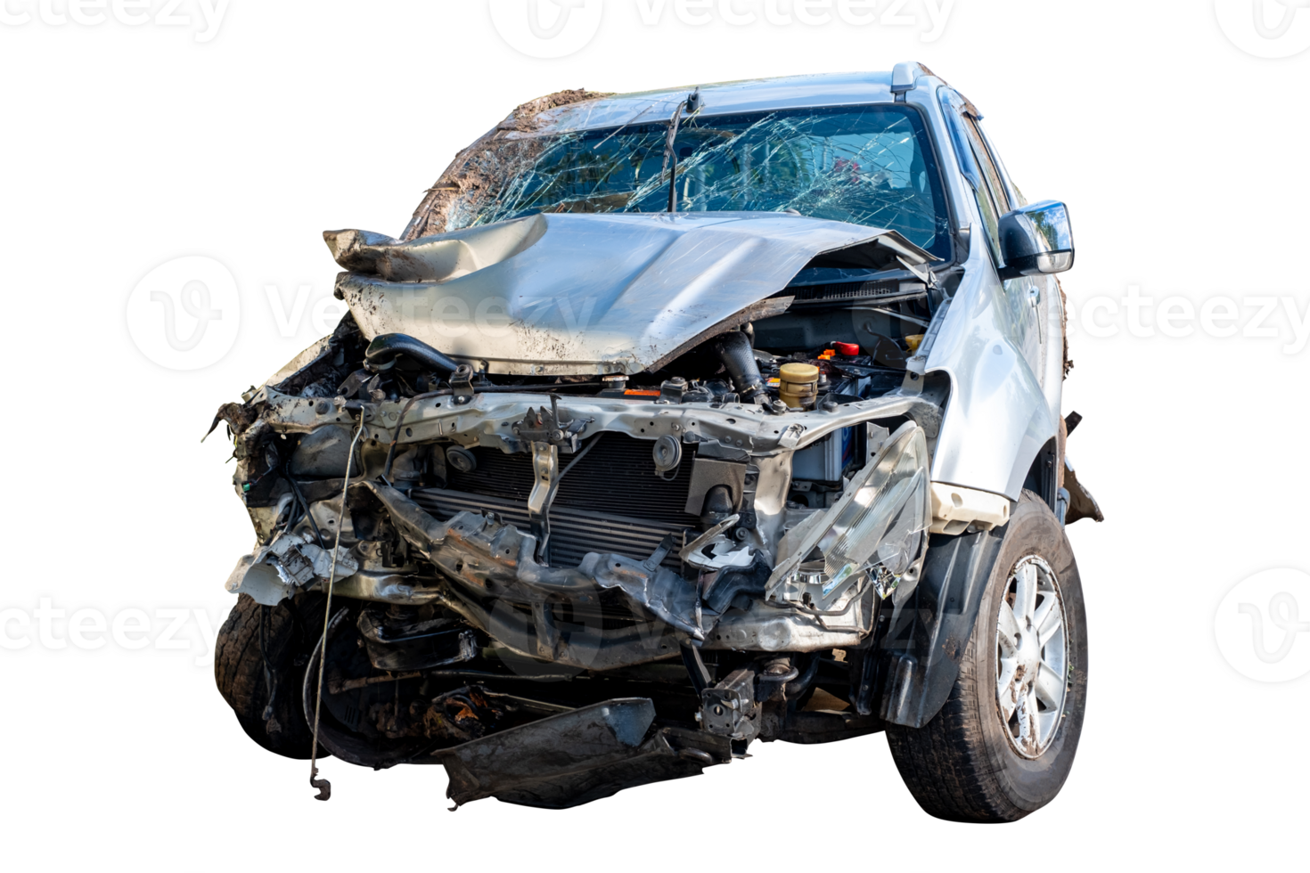 Front view of white car get hard damaged by accident on the road. chapped cars after collision. isolated on transparent background, File png