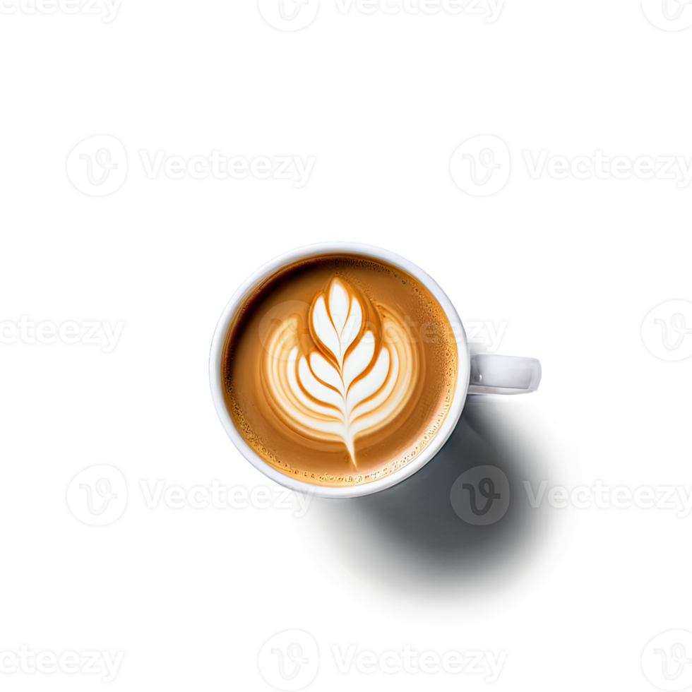 A cup of coffee with a leaf design on top. The coffee is hot and steaming. The cup is white and has a handle png