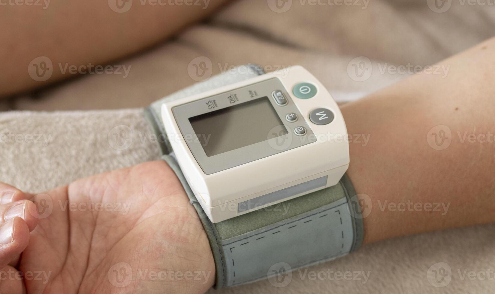 Close up shot of a wrist blood pressure monitor, tonometer. Healthcare photo