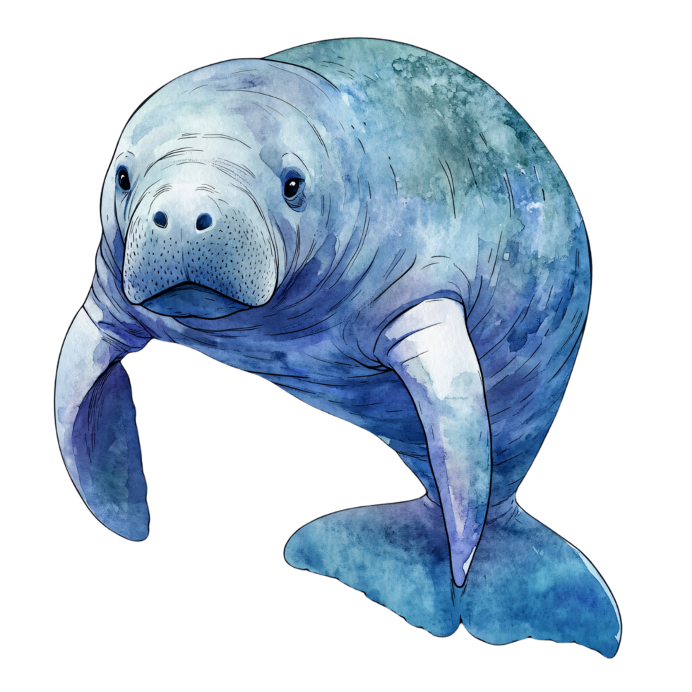 A manatee is shown in watercolor png
