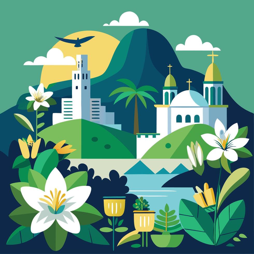 peaceful janeiro branco scene with white flowers and self care symbols illustration artwork vector