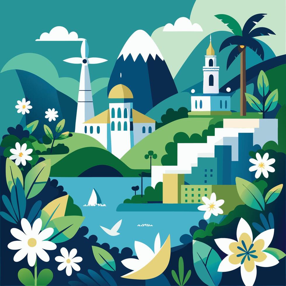 peaceful janeiro branco scene with white flowers and self care symbols illustration vector