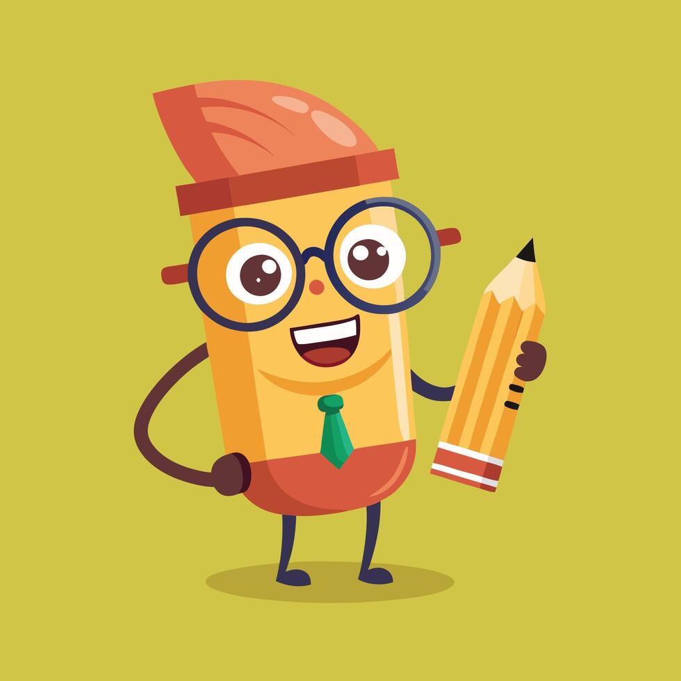 Cute cartoon pencil wearing glasses and holding a notebook with a happy expression vector