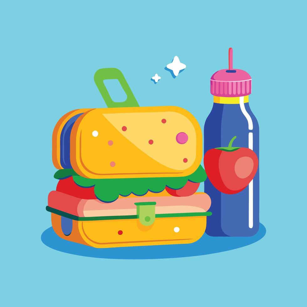 Cute lunchbox with a sandwich, apple, and a water bottle vector
