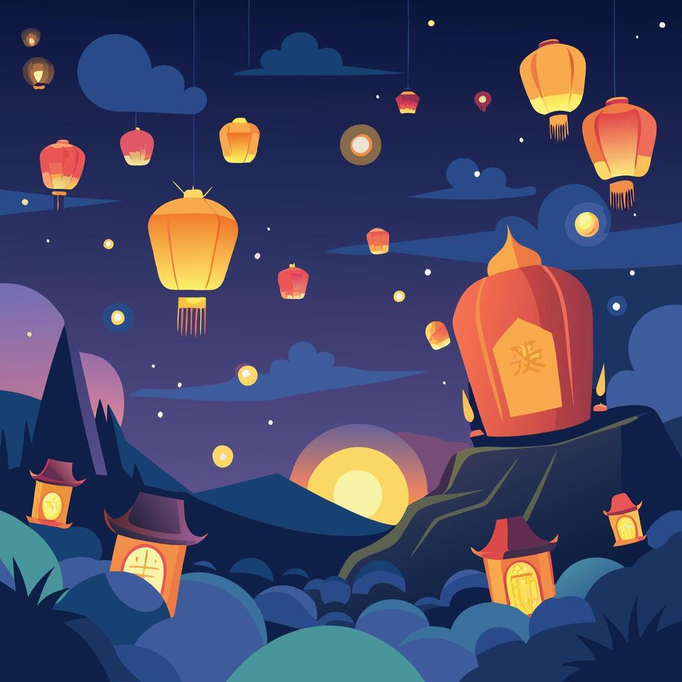lantern release during yi peng festival with night sky full of floating lanterns vector