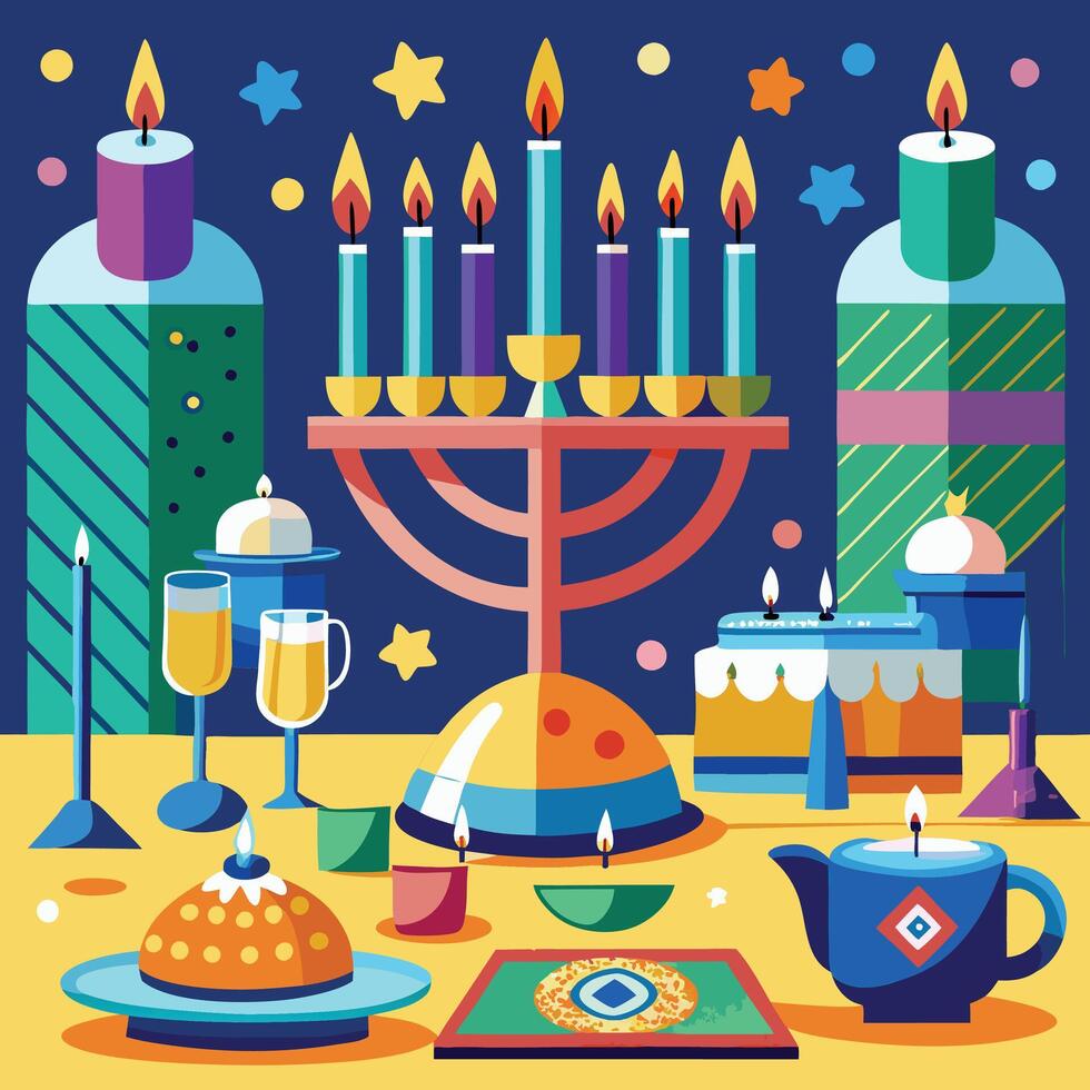 Menorah with lit candles and traditional dreidels on a festive table illustration vector