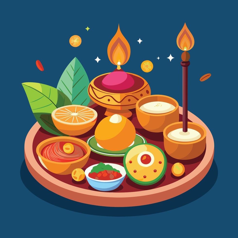 Bhai Dooj pooja thali with tilak, sweets, and diya artwork vector