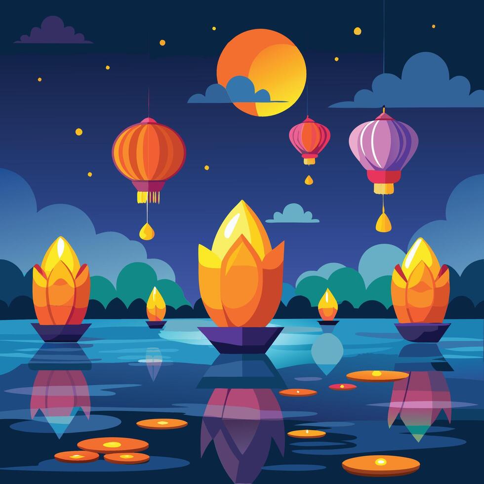 sky filled with colorful lanterns during loy krathong and water reflection illustration vector