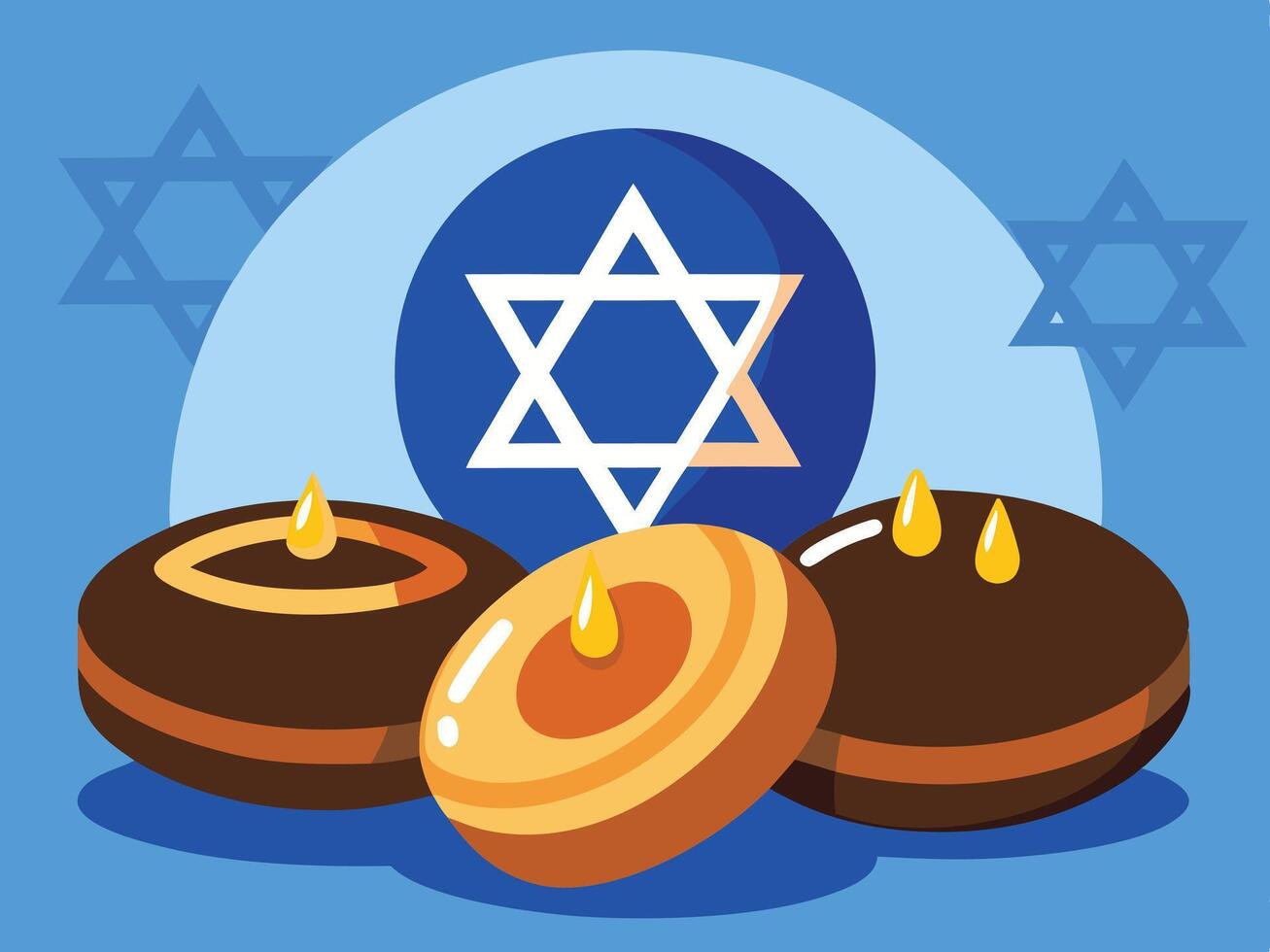 Hanukkah gelt and sufganiyot with a star of David background illustration artwork vector