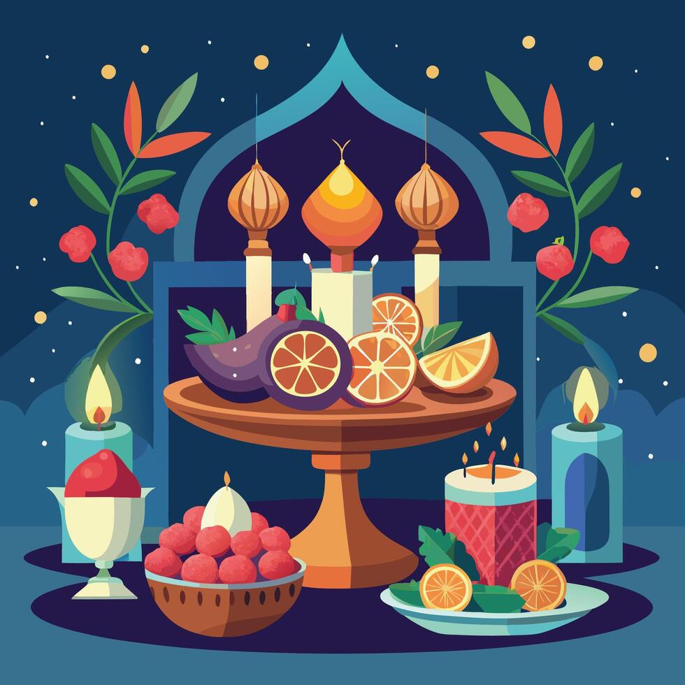 traditional yalda night table with pomegranates nuts dried fruits and candles vector