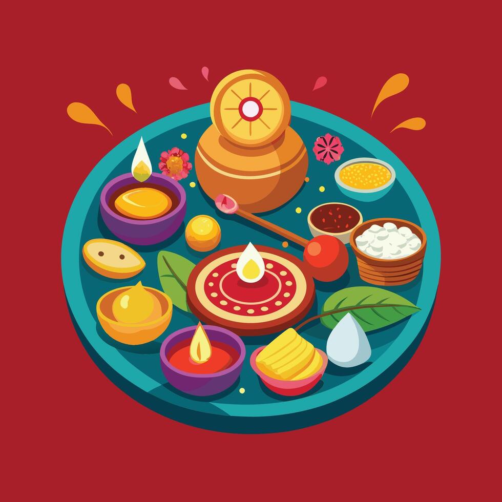 Bhai Dooj pooja thali with tilak, sweets, and diya illustration vector