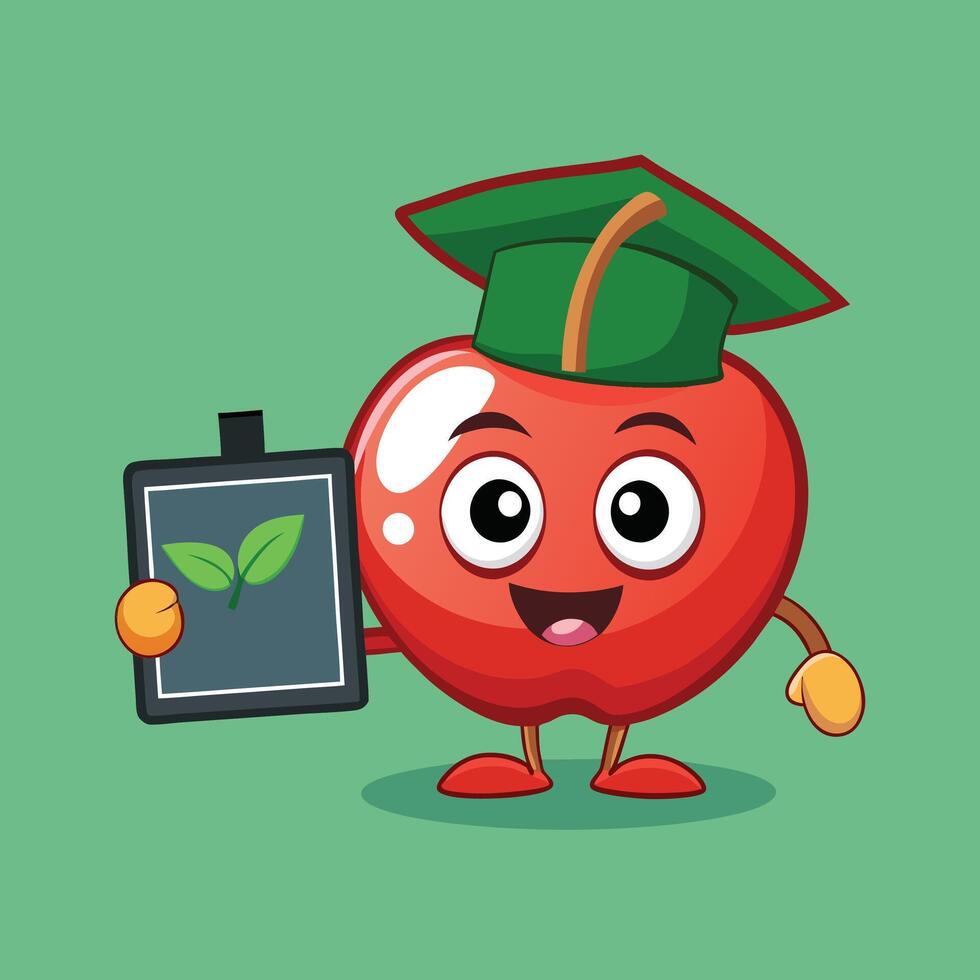 Cartoon apple wearing a graduation cap and holding a tiny chalkboard artwork vector