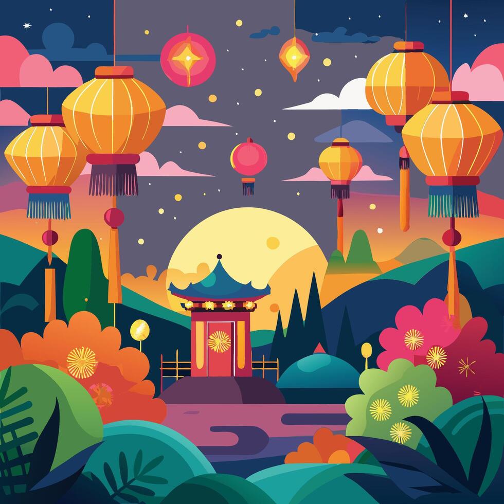 yi peng festival background with colorful lanterns and serene landscape illustration vector